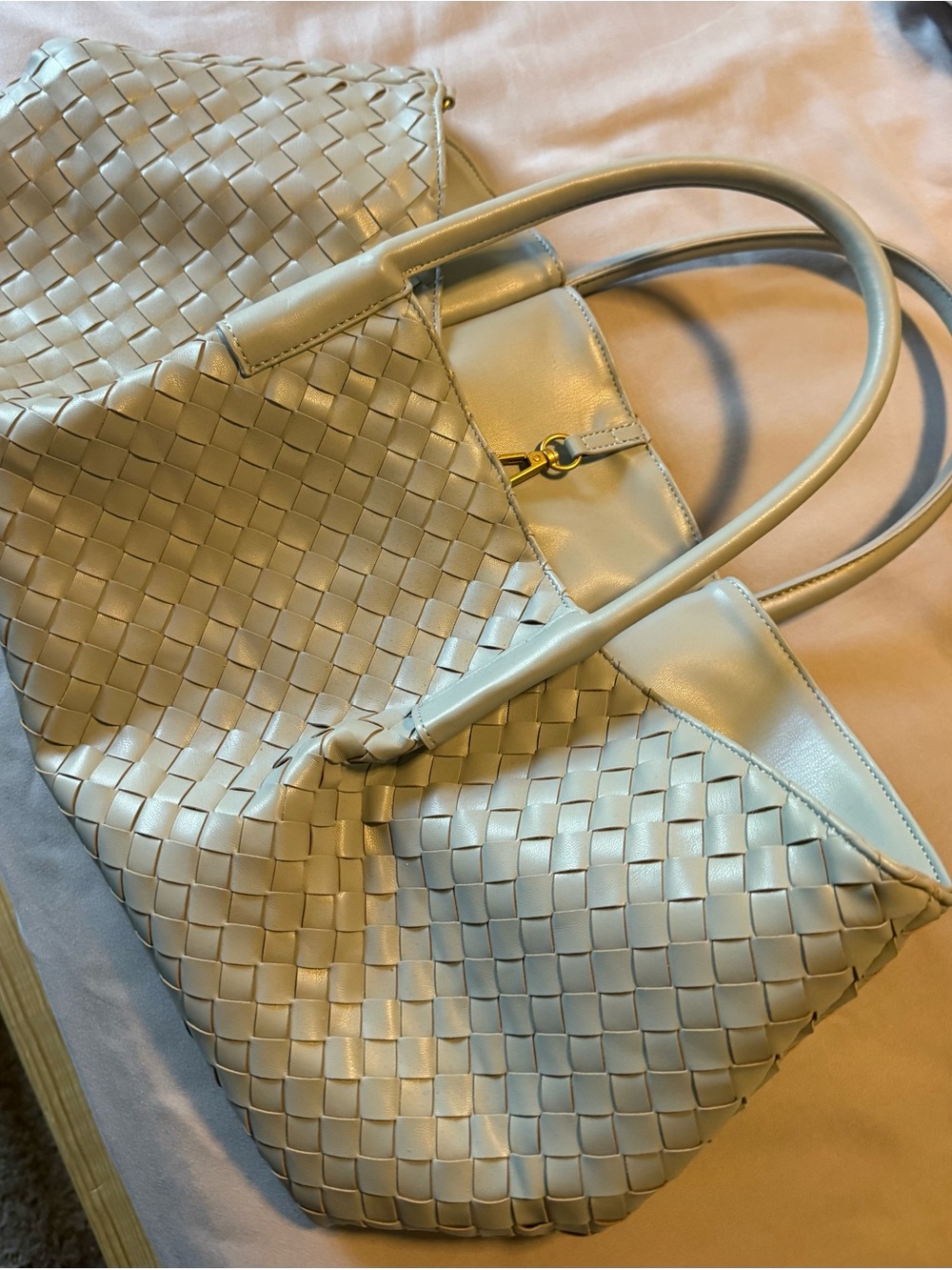Woven Faux Leather Tote Bag in Light Blue - Picture 3 of 8